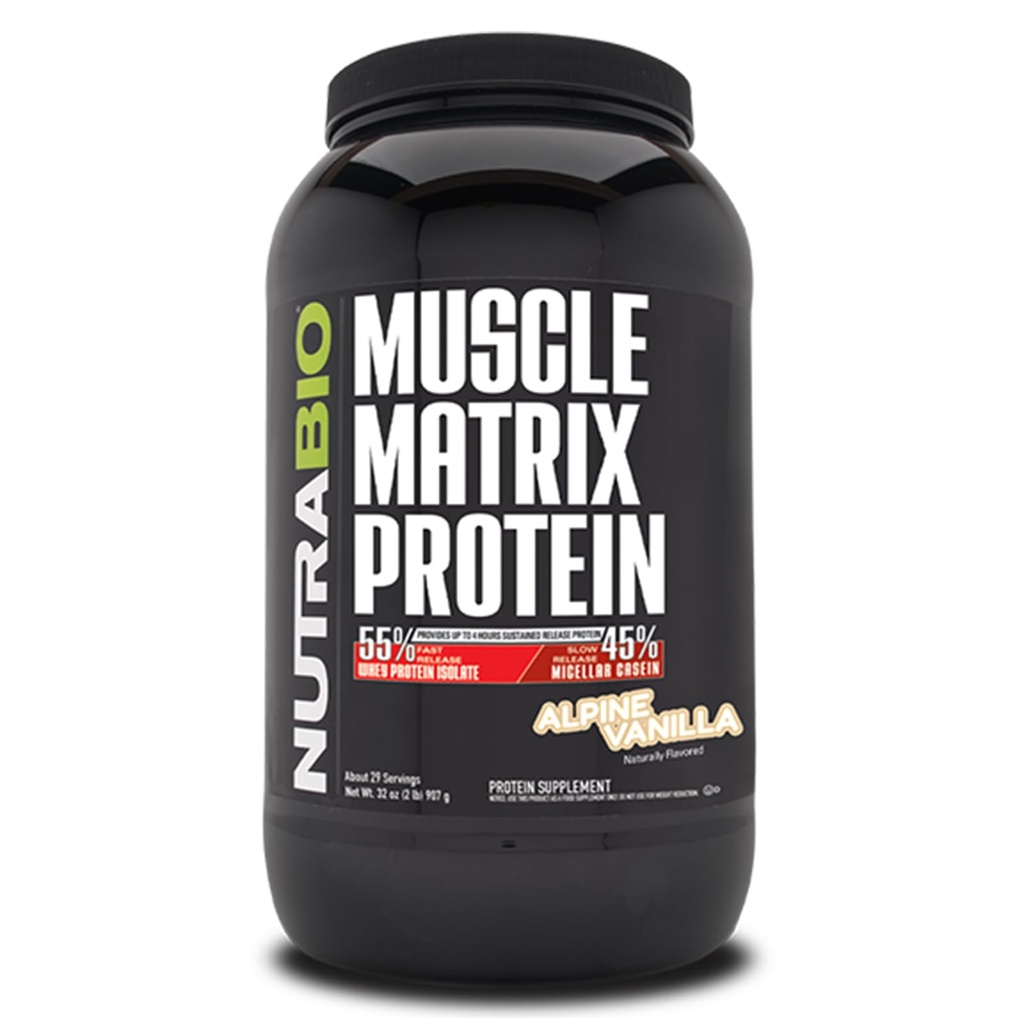 NutraBio Muscle Matrix Protéines en poudre - 25g de protéines par scoop - Combo de caséine isolate et micellaire pour libération rapide et lente - Vanille - 2 livres, 28 portions