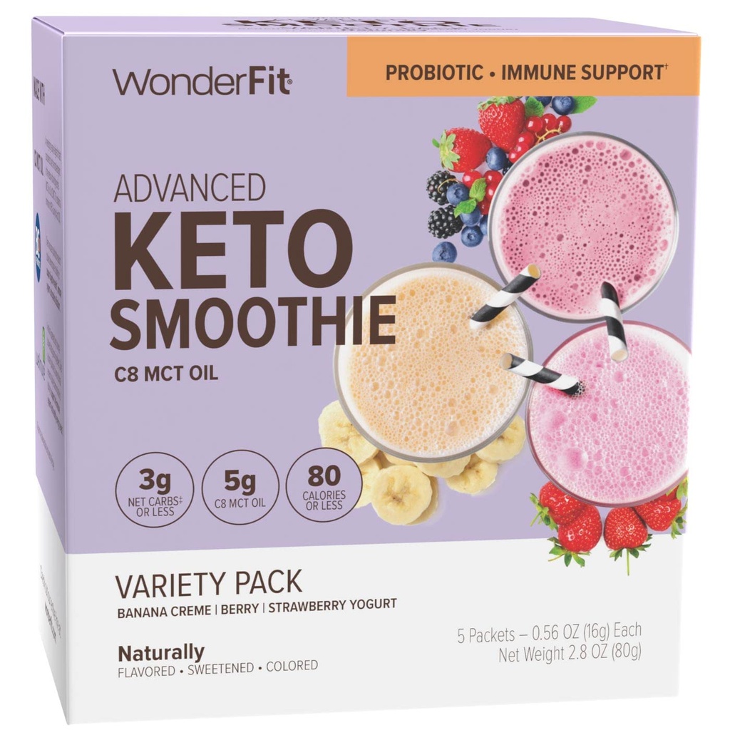 WonderFit by WonderSlim Keto Smoothie with C8 MCT Oil, Variety Pack, 1-3g Net Carbs, Glutenvrij, Probiotic & Immune Support (5ct)