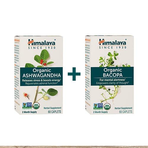Himalaya Organic Ashwagandha + Bio Bacopa Cerveau Booster Kit, Ashwagandha 670 mg pour l'énergie Boost & Stress Relief + Bacopa 750mg Nootropic Cerveau Booster pour la concentration mentale, la mémoire et la clarté