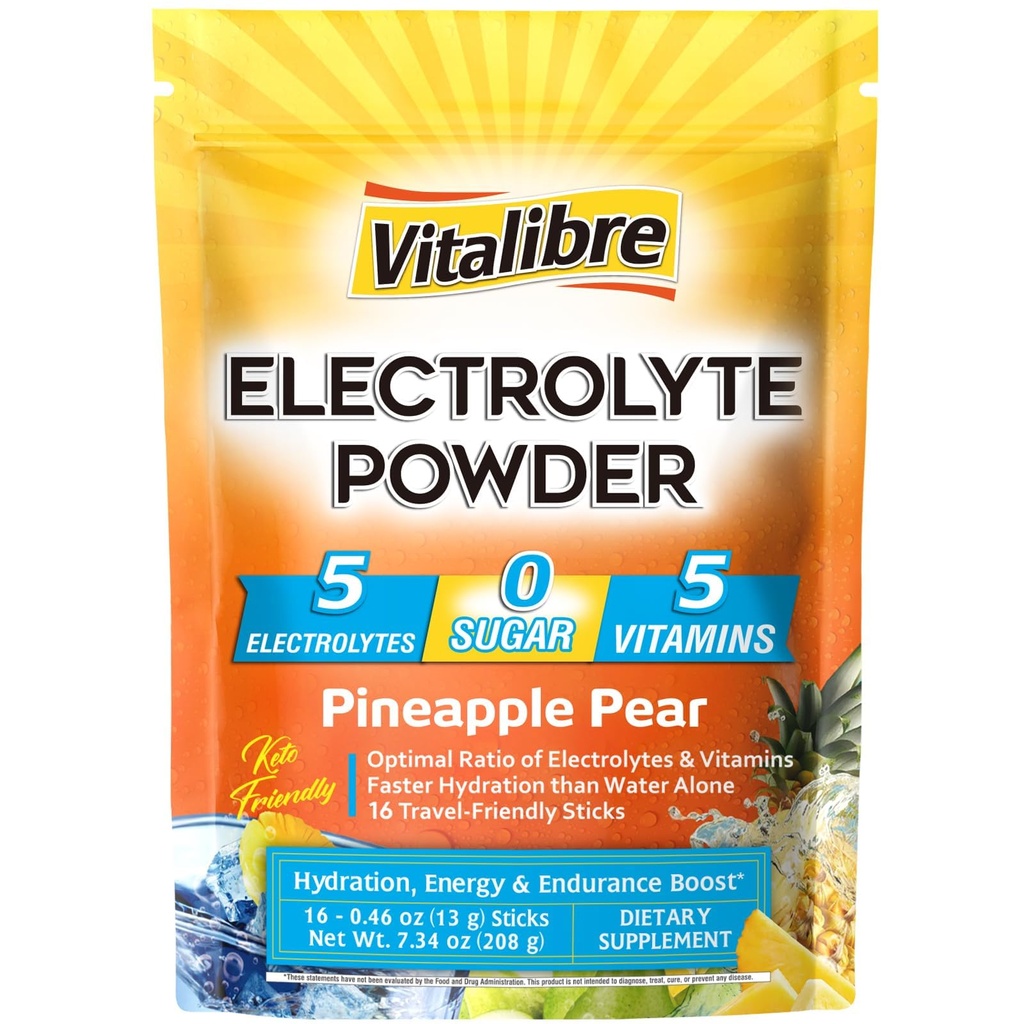 Vitalibre Electrolytes Powder Packets | Magnesium, Potassium, Sodium, Vitamin C | for Rapid Hydration | Zero Sugar & Keto | 16 Stick Packs | Pineapple Pear Flavor