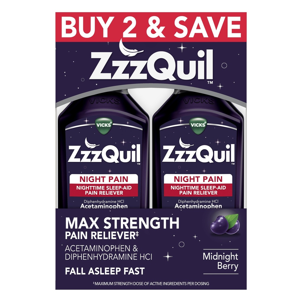 ZzzQuil Liquid, Max Strength Pain Reliever, Nighttime Slaaphulp Liquid, Acetaminophen 1000mg, Difeenhydramine 50mg HCI, Non-Habit Forming, Midnight Berry Flavored, 2 Pack, 24 FL OZ