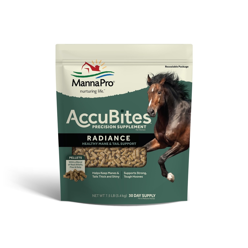 Supplément Hippique Radiance de Manna Pro AccuBites – Peau et manteau, Vitamines essentielles et santé du toit pour les chevaux – emballé avec Omega 3, 6 et Biotine – Main et entretien de queue – Alfalfa aromatisé – 7,5 lbs