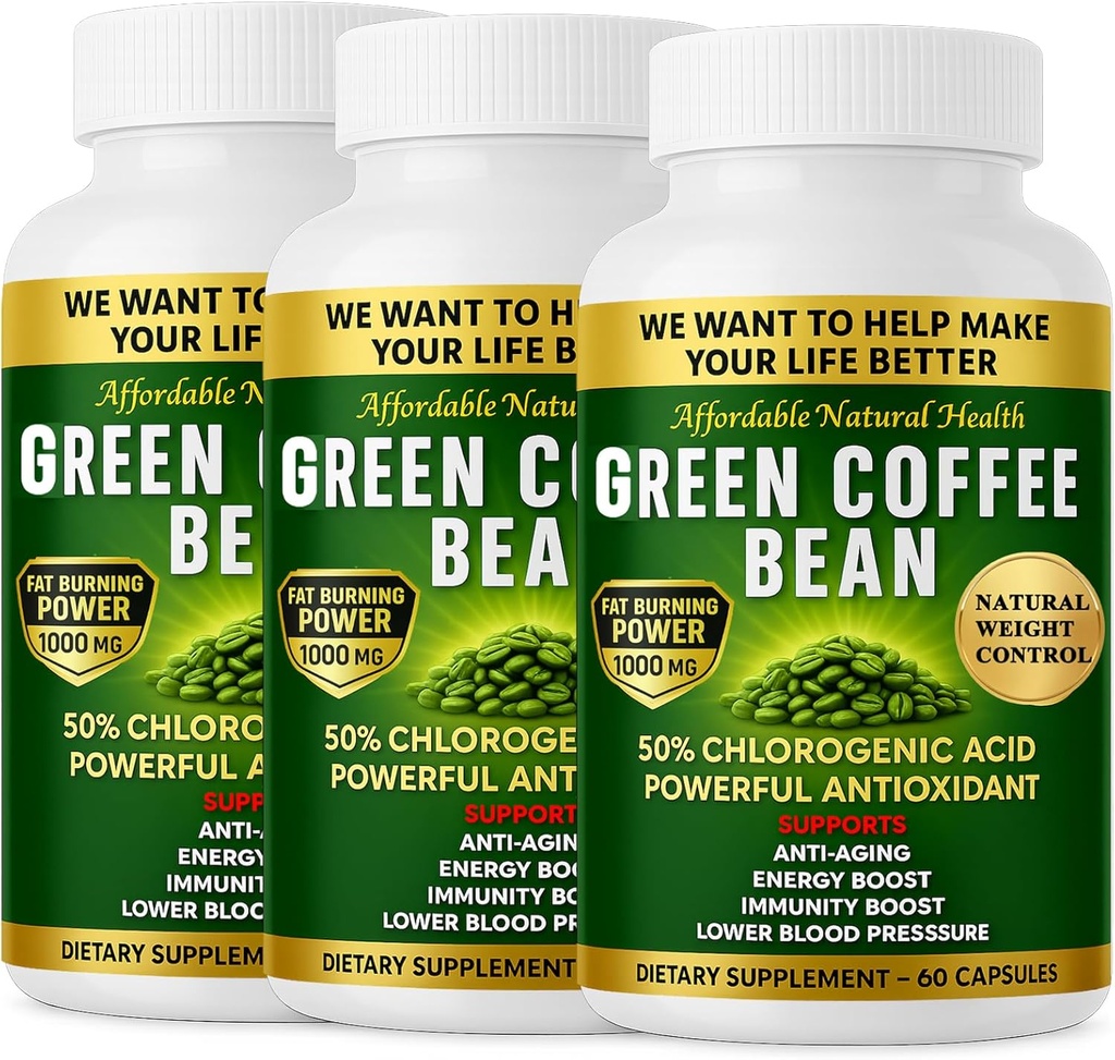 Extrait de fèves de café vert, 100 % de capsules de fèves de café vert pur, 50 % d'acide chlorogène, 10 000 mg de force, 180 capsules, 6 mois d'approvisionnement, sans OGM et sans gluten, supplément à base de plantes traditionnelles