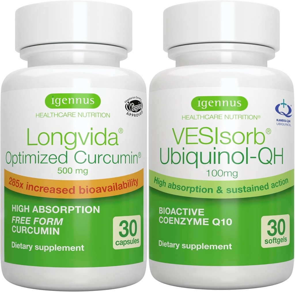 Longvida Curcumin 500mg + VESIsorb Ubichinol-QH Advanced CoQ10 100mg Bundle, Ultra Bio available Curcumin with Bio available & Fast-Acting Ubichinol, by Igennus