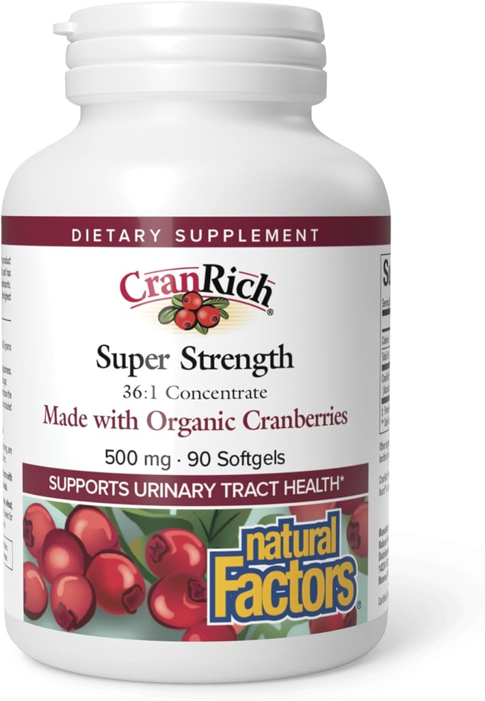 Facteurs naturels CranRich, Concentré de canneberges Super Strength, Supplément antioxydant pour le soutien du trac urinaire, non-OGM, 90 softgels (90 portions)
