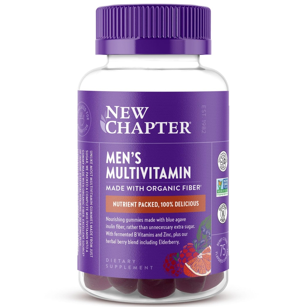 New Chapter Men’s Multivitamin Gummies, 57% Less Sugar, Men’s Gummy Vitamins with Vitamin C, D3 & Zinc, Non-GMO, Gluten Free, Berry-Citrus, 75ct