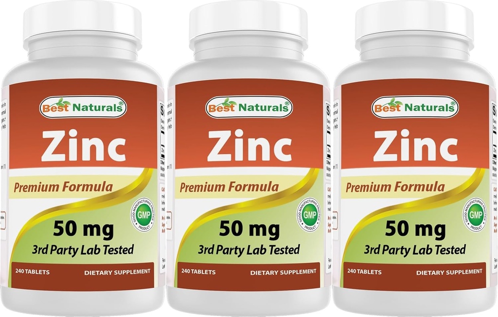 Best Naturals Zink Supplement als Zink Gluconaat 50mg 240 tabletten Verpakking van 3