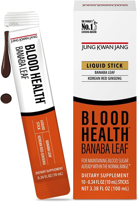 JungKwanJang Blood Health Banaba Leaf Extract (100 mg), Carob Pods, Korean Red Ginseng Everytime Extract Sticks voor Circulatie, Post Maaltijd, Energie, 10 Tellen