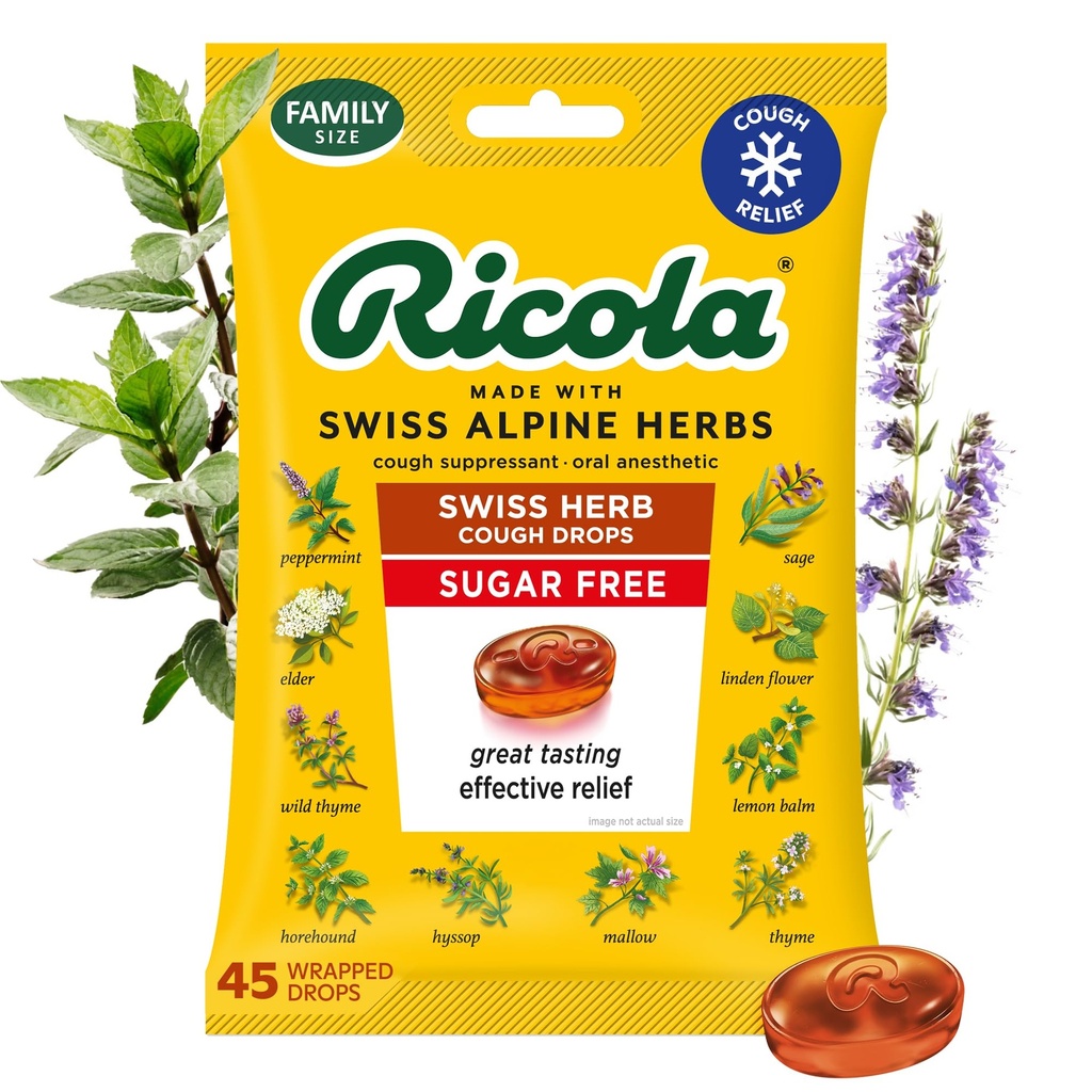 Ricola Suikervrij Zwitserse kruiden Hoest Druppen, 45 Graaf, Hoest Suppressant & Throat Relieving Drops met natuurlijk aangeboren Menthol, Pleasing Proste for Coughs & Throat Irritation Symptoom Relief