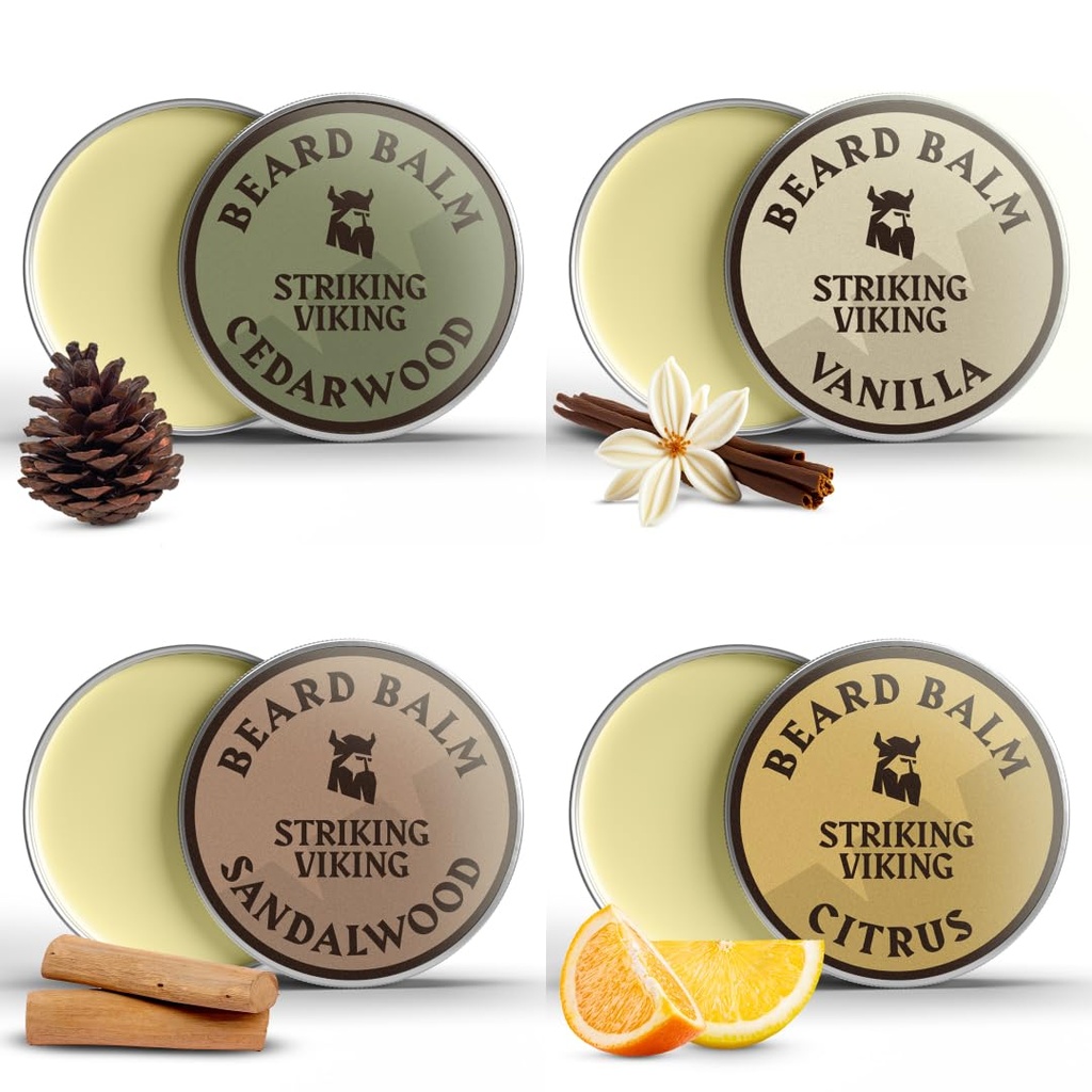 Baardbalsem voor mannen - Verlof in baardconditioner - Styling Balm gemaakt met natuurlijk Afgeleide baardboter, Argan & Jojoba Oils (1 Ounce (verpakking van 4), Citrus, Vanille, Sandalwood, & Cedarwood)