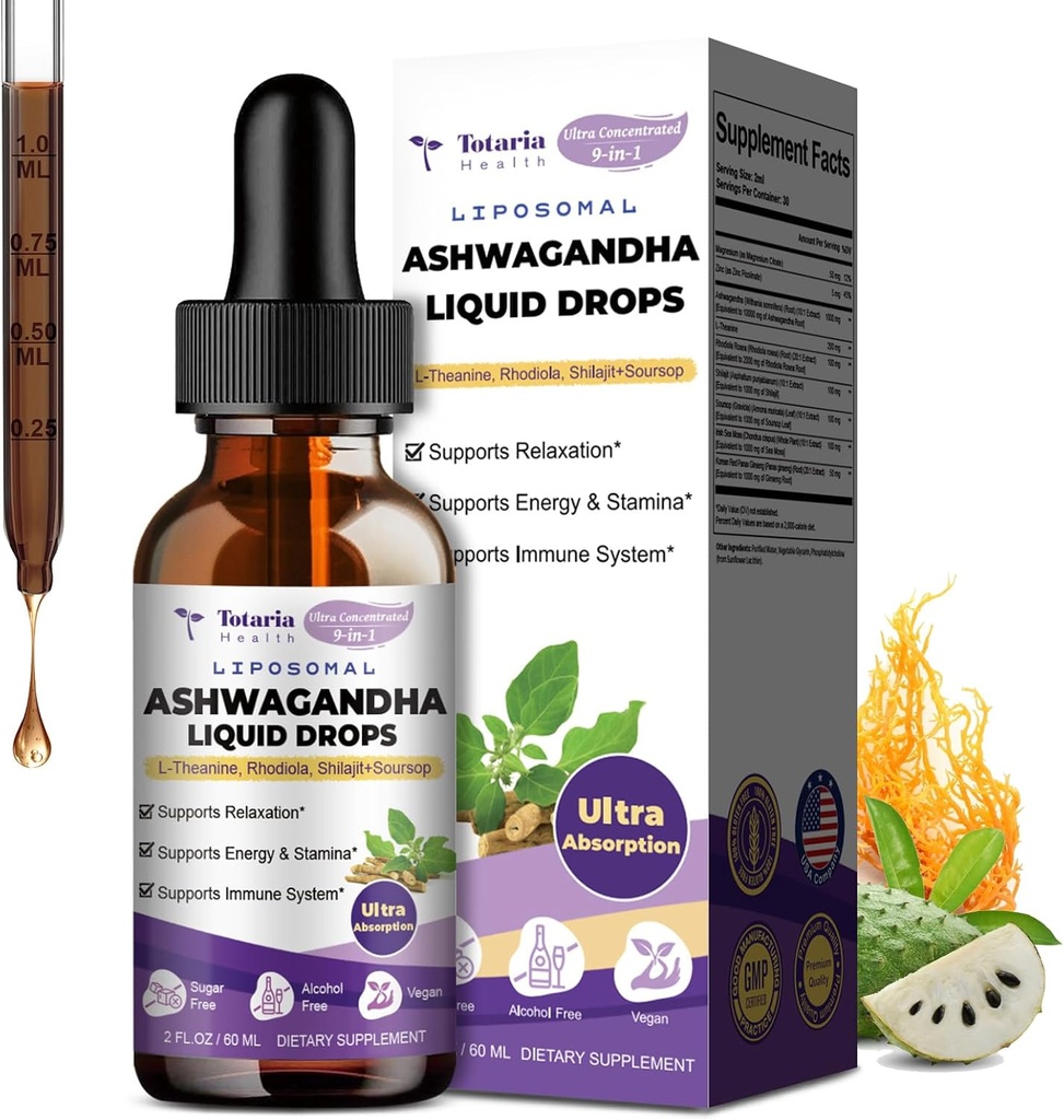 Totaria Liposomal Ashwagandha Liquid Drops, Ultra Strength Ashwa Root Extract Supplement met Shilajit, Ginseng, Magnesium, Sousop, L-Theanine, 60ml