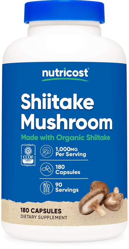 Nutricost Capsules de champignons chiitake biologiques 1000mg, 90 portions - CCOF certifiées faites avec biologique, végétarien, sans gluten, 500mg par gélule, 180 capsules