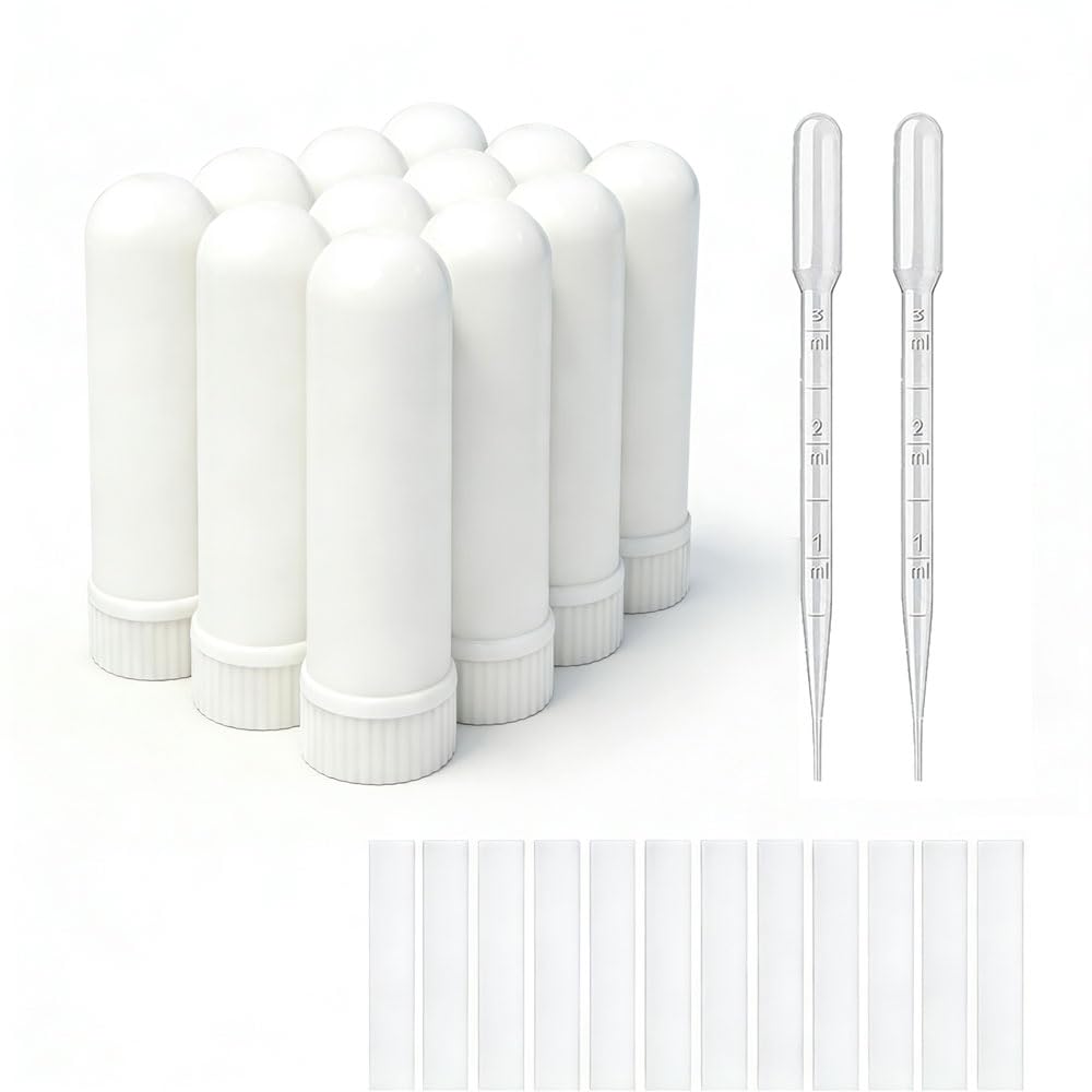 12 Sets Huile Essentielle Aromathérapie Tubes Sticks Inhalateurs Nasaux Blancs(12 Sticks Complètes) + 2 Pipettes en Polyéthylène