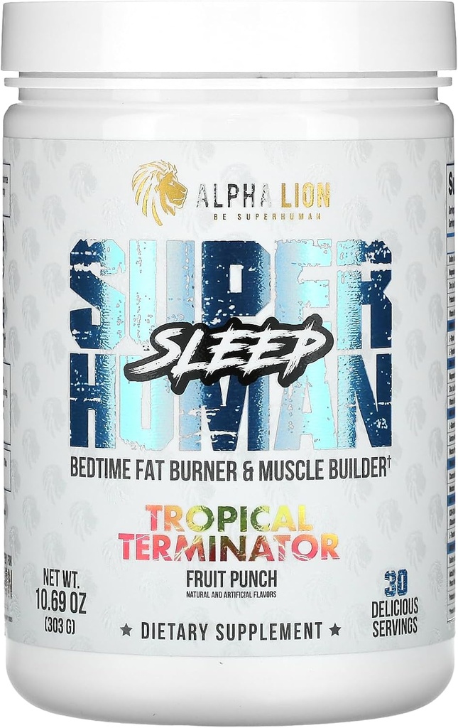 Alpha LION Superhuman Sleep Supplement, Night Time Aid, Muscle Recovery, Muscle Builder & Gainer, verbetert de lichaamssamenstelling (30 porties, Fruit Punch smaak)