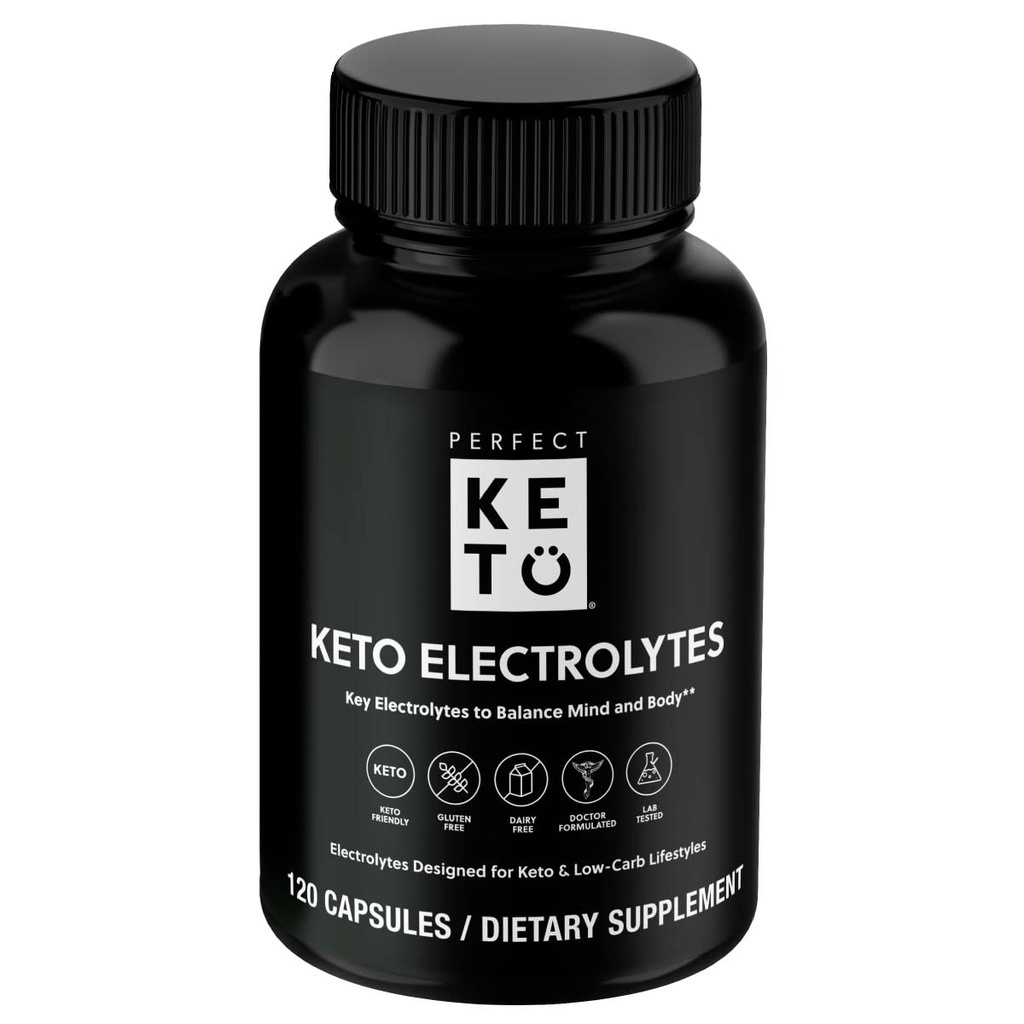 Capsules d'électrolytes de kéto parfaites, sans gluten, supplément d'électrolyte avec Magnésium, Calcium, Potassium et Sodium, Hydratation, Énergie, Récupération et Support Immune, Sans aromatisé, 120 portions
