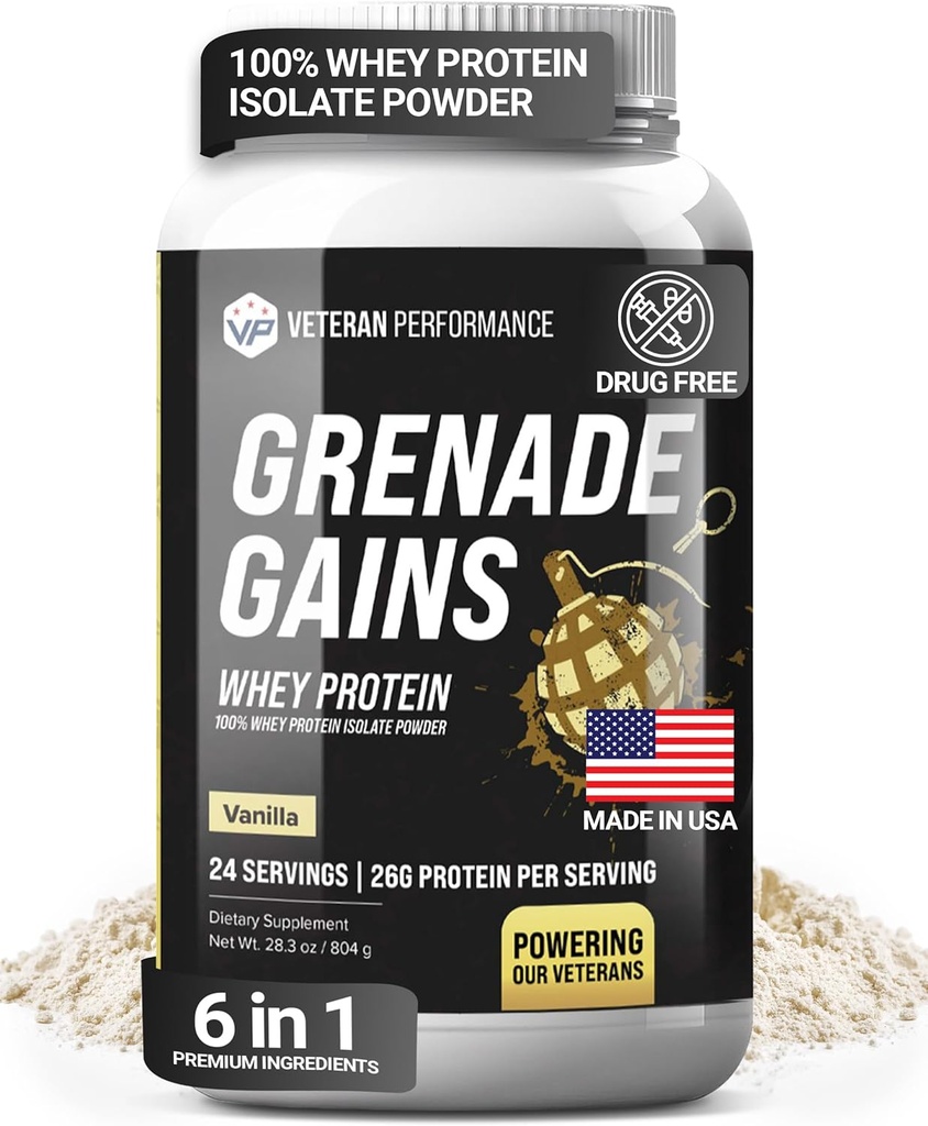 Grenade Gains Wey Isolate Powder with Creatine, L-Carnitine & Beta-Alanine - Third-Party Tested, Gluten-Free, No Artificial Sweeteners - USA Made, Vanilla, 24 Servings