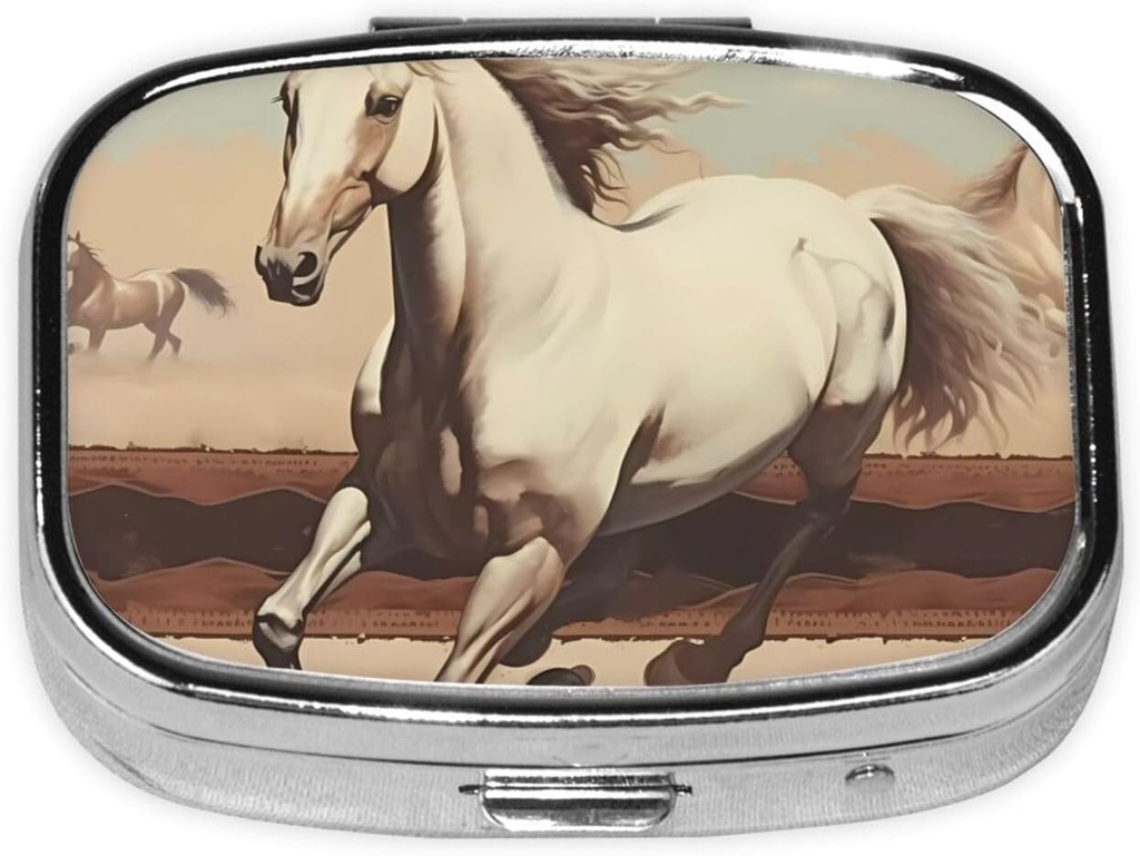 Boîte à pilules, petit étui à pilules pour la Purse & Pocket, organisateur de médecine mignon Voyage Pillbox, porte-conteneur de pilules portable pour tenir les vitamines, les médicaments, l'huile de poisson et les suppléments,Prancing White Horse