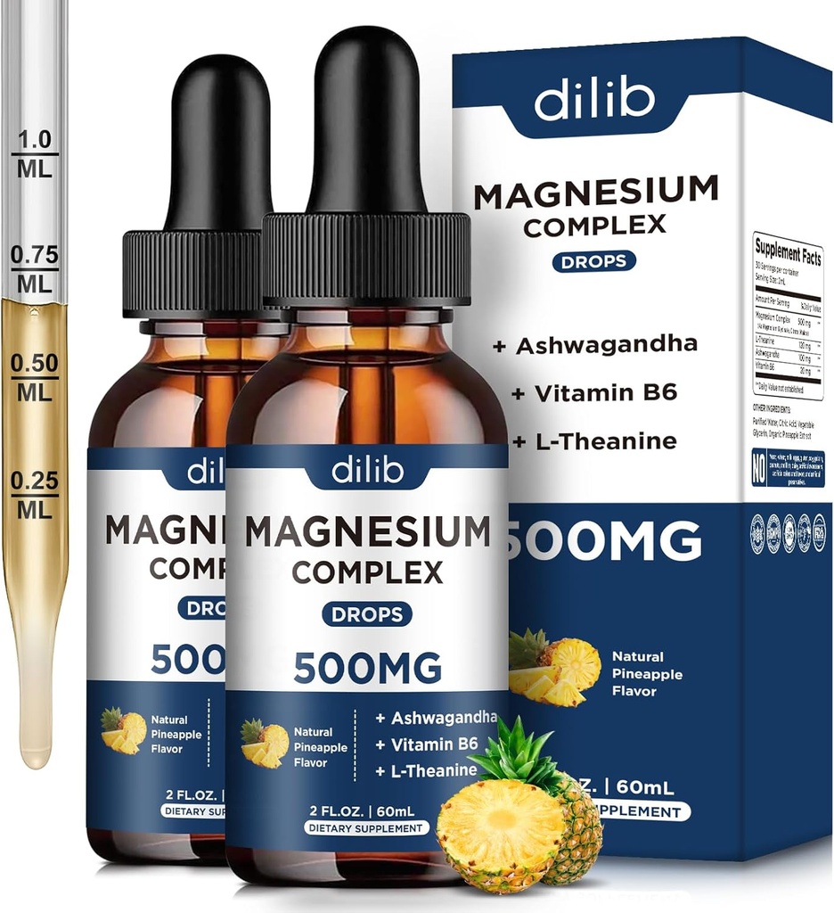 Glycinat de magnésium gouttes liquides 500mg - Supplément triple complexe de magnésium avec citrate, malate, ashwagandha, L-théanine, vitamine B6 pour le sommeil, soulagement du stress, musculation, aromatisant ananas 4 Fl Oz