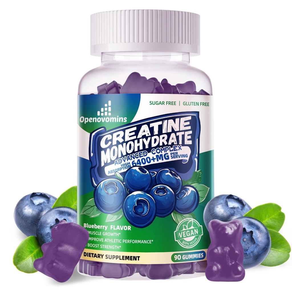 Creatine Monohydraat Gummies Complex for Men & Women - Advanced Formula W/L-Taurine + Vitamine B12, Sugar Free Chewable Supplement,90 Blueberry Gummies