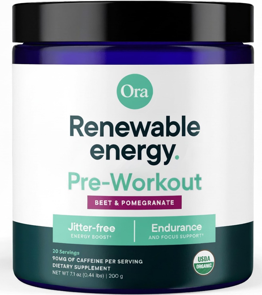 Ora Bio poudre de pré-entraînement pour les hommes et les femmes Berry Beet Flavor- Vegan certifié biologique, sans soja, sans lait, sans gluten- fournit une énergie sans jitter pour les femmes et les hommes, 20 portions