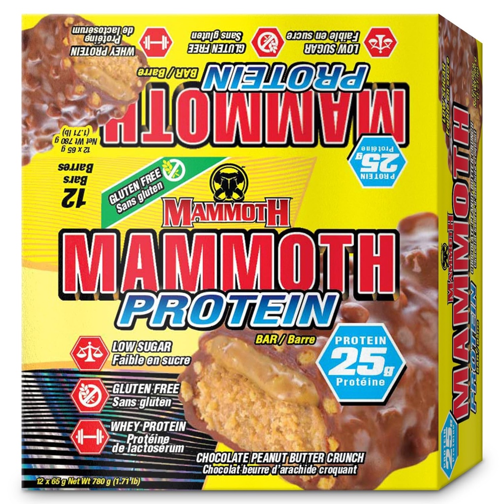 MAMMOTH Proteine Bar, Chocolate Peanut Butter Crunch, 25g Proteïne, Lage Suiker, Lage Carb, Glutenvrij, 12 x 65g (12 telling) (Chocolate Peanut Butter Crunch) (12 telling, Chocolate Peanut Butter Crunch)