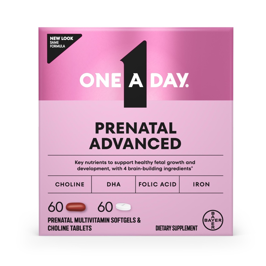 Eén dag Prenatale geavanceerde- prenatale vitamines met foliumzuur, choline, DHA & ijzer, zwangerschapsvitaminen voor vrouwen ter ondersteuning van de ontwikkeling van baby's, 60+60 Ct (120 totale set) (Verpakking mei Vary)