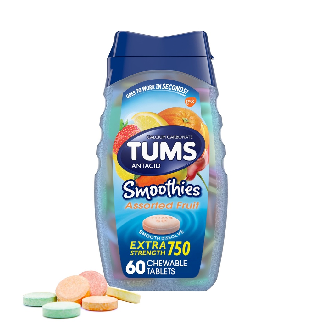 TUMS Smoothies Extra sterke maagzuur kauwtabletten voor brandend maagzuur verlichting, diverse vruchten - 60 Tellen (verpakking van 1)