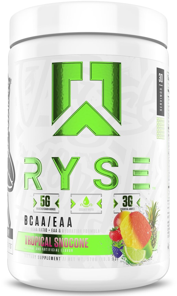 RYSE BCAA Poudre EAA - Snocone Tropical - 5g Acides aminés à chaîne ramifiée, 3g Aminos essentiels, électrolytes sans sucre pour la récupération musculaire, l'hydratation et la force avant et après l'entraînement - 30 portions