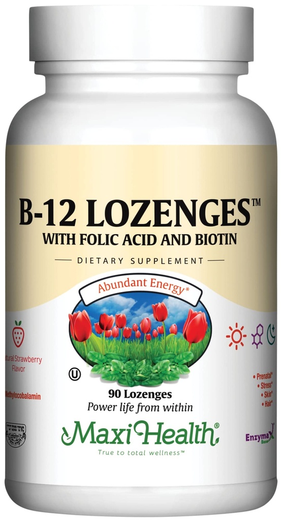 Vitamine B12 Lozen met foliumzuur en biotine - Sublingual B 12 Vitaminen aardbeiensmaak - vegetarisch Kosjer B 12 Vitamine - VIT B12 Supplement voor rode bloedcelproductie en energie (90 Tel.)
