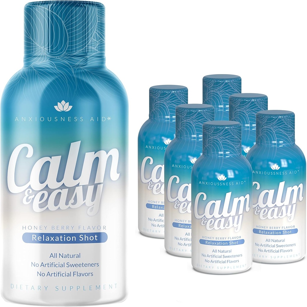 Kalm & eenvoudig - Natuurlijke Stress Relief Shot, KSM-66 Ashwagandha, Suntheanine L Theanine, Calming Adaptogen Drink, Relaxation, Focus, en Mood 2 oz Liquid Bottle (6 Pack)