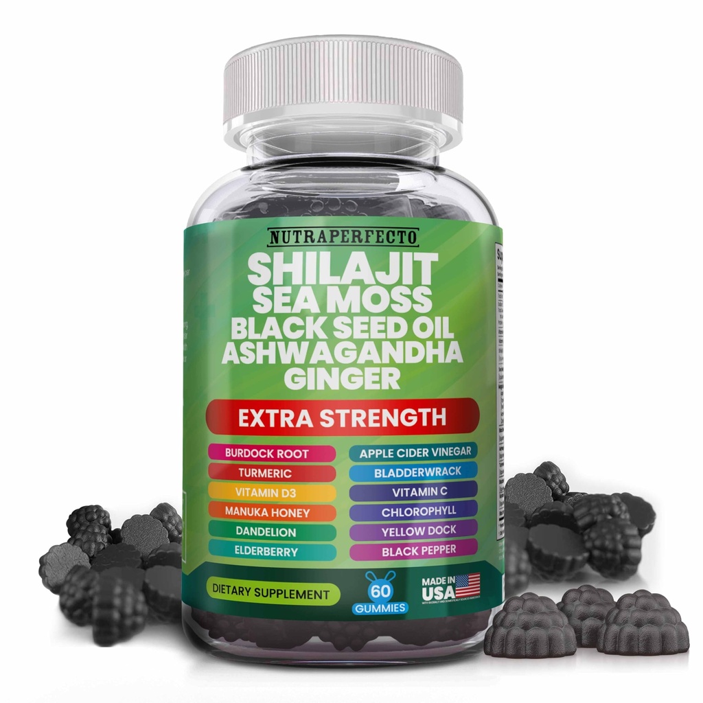 Shilajit Gummies avec Irish Sea Moss Black Seed Oil Ashwagandha Ginger Elderberry Vitamine D3 Chlorophylle Turmeric Bladderwrack Formule de force avancée Résine Shilajit pour hommes et femmes