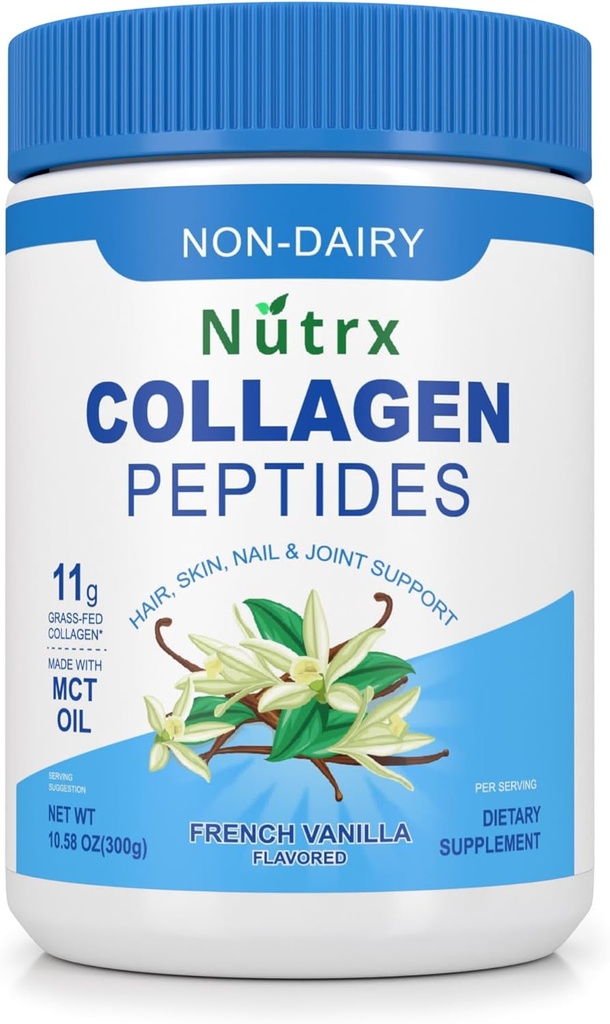Collagène Peptides Poudre Vanille - Sans sucre, sans poudre de protéines de collagène non laitiers - Dissolves facile, sans poudre de collagène avec protéines vitales, suppléments de protéines de collagène - par Nutrx