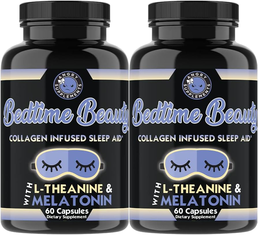 Bedtime Beauty, Collageen Infused Night Time Slaaphulp, Alle natuurlijke pillen met L-Theanine, Melatonine, Magnesium & Hyaluronzuur door Angry Supplementen (2-Bottles)