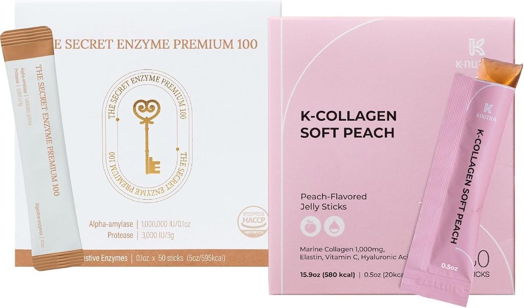 The Secret Enzyme Premium 100 (50 Sticks) & K-Collagen Soft Peach Collagen Jelly (30 Sticks) voor spijsverterings- en huidgezondheid