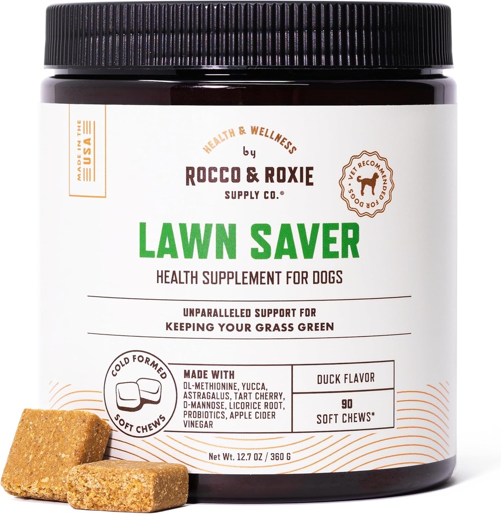 Rocco & Roxie Dog Urine Neutralizer pour pelouse, Green Grass Savers pour les taches d'urine de chien, UTI Health & Bladder Control Supplément avec D-Mannose, vinaigre de cidre de pomme et DL-Méthionine, 90ct Soft Chews