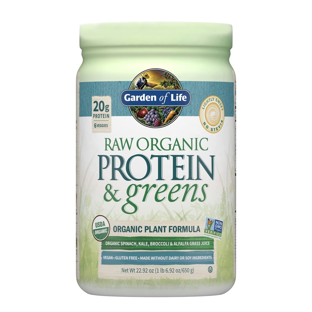 Tuin van het leven Raw Organic Protein & Greens Licht zoet, Vegan Protein Poeder voor vrouwen en mannen, Plant en Pea Protein, Groenen, Probiotica, Gluten Gratis Lage Carb Shake Made Without Dairy 20 Serves