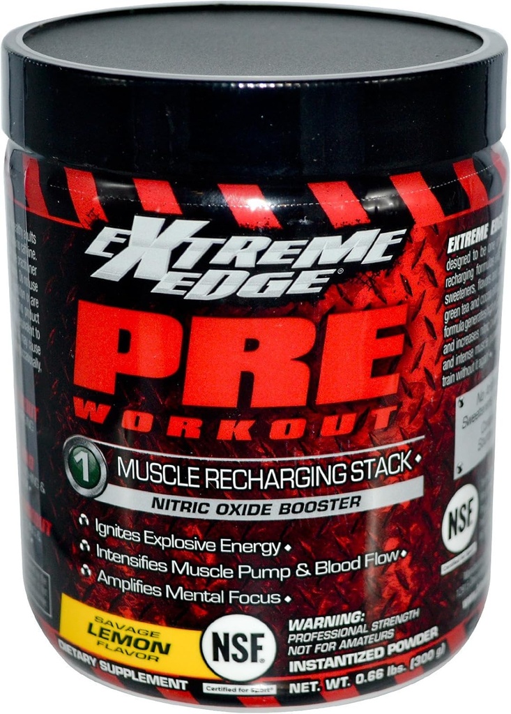 Bluebonnet Nutrition Extreme Edge Pre workout, Muscle Recharging Formula*, verhoogt Nitric Oxide (NO) niveaus*, Soy-Free, Dairy-Free, Lemon, 0,66 LB, 30 Servings