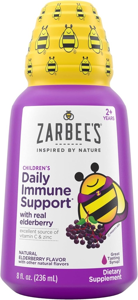 Zarbee's Vlierbessen Siroop voor kinderen, Dagelijkse Immune Ondersteuning met Vitamine C & Zink, Kinderen Liquid Supplement, Natuurlijke Bessen Smaak, 8 fl oz