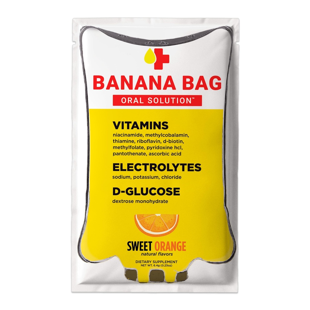Sac de banane solution orale Packets de récupération – Sweet Orange 30pk..Un mélange rafraîchissant d'électrolytes, de vitamine C et de complexe B pour l'hydratation et l'énergie. Pratique, facile à utiliser et parfait pour tout style de vie.