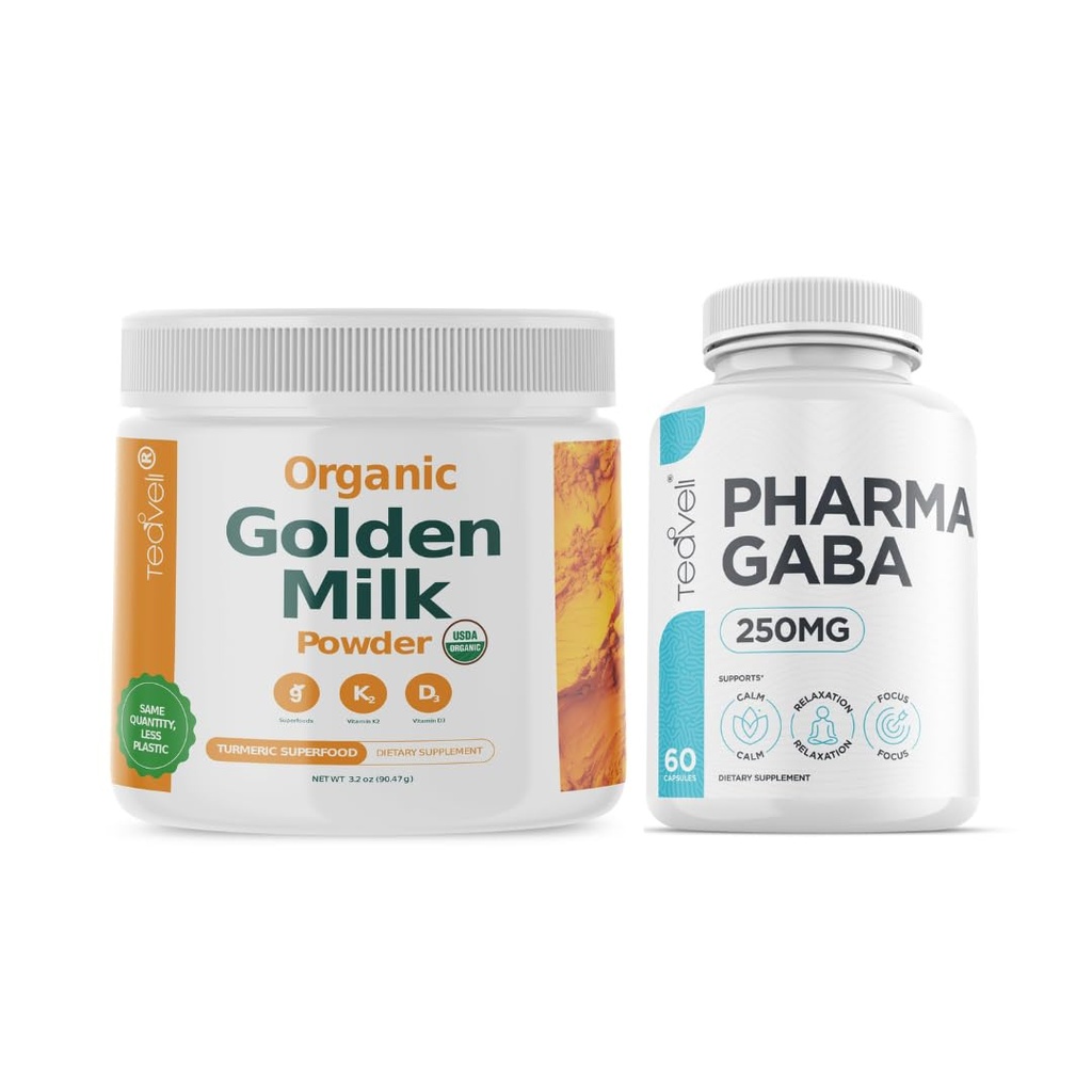 Teaveli poudre de lait d'or biologique avec supplément de vitamine D3 & K2 et Pharma GABA
