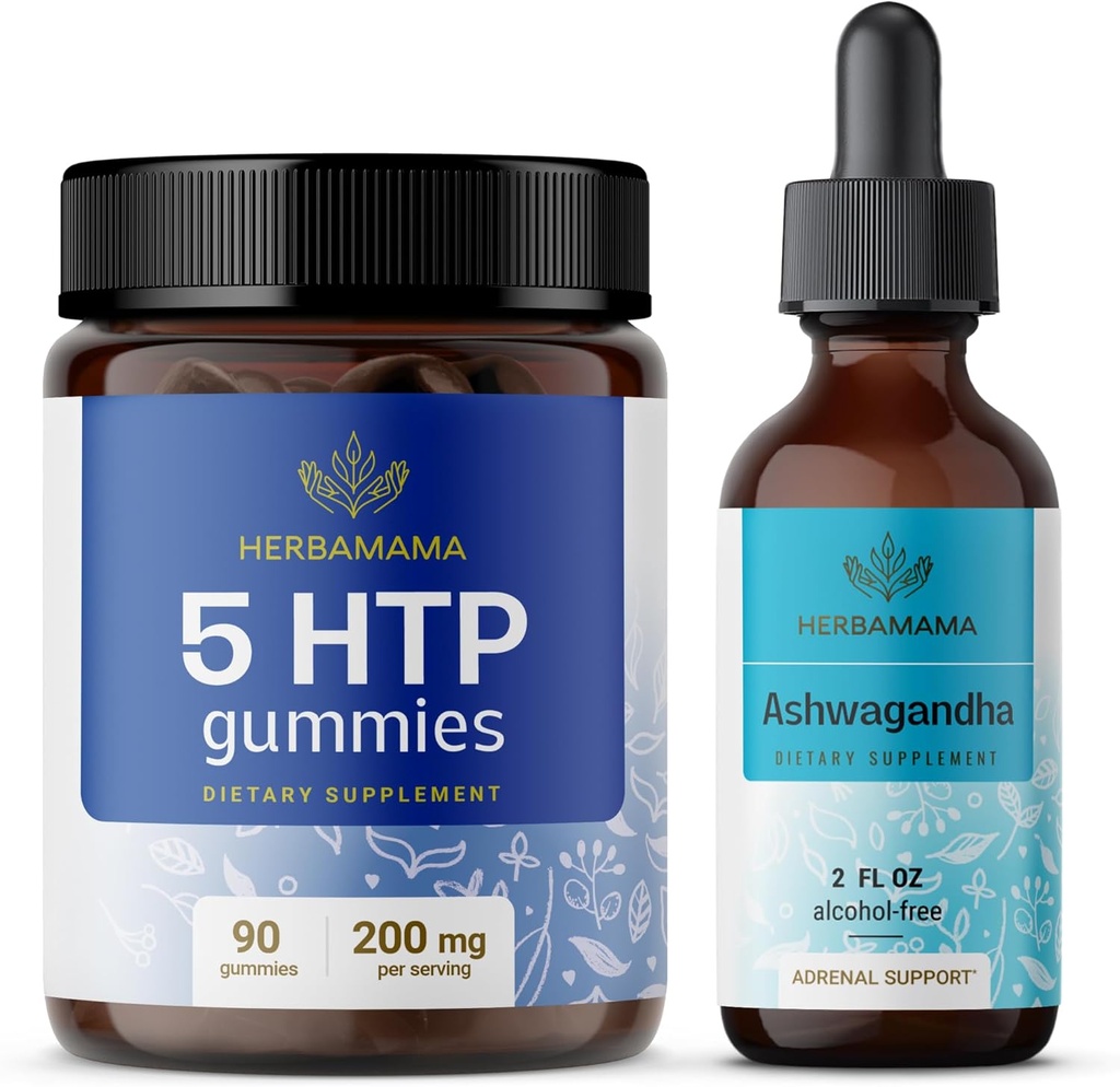 HERBAMAMA 5-HTP en Ashwagandha Kit - bundel van 200 mg 5-Hydroxytryptofaan Gummies & Ashwagandha Liquid Drops 2 fl oz - Vegan, Non-GMO, Alcohol & Gelatine-Free - 2 Pack
