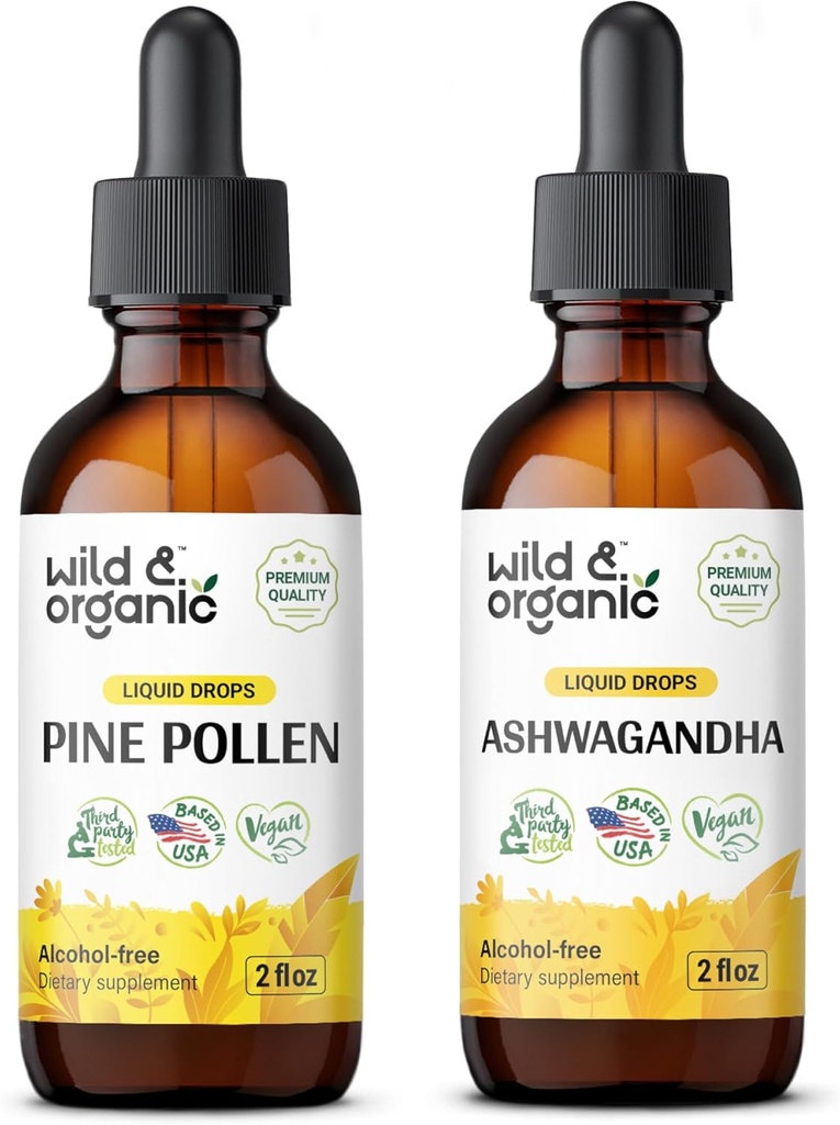 Wild & Organic Pine Pollen Tinctuur 2 fl oz & Ashwagandha Tinctuur 2 fl oz