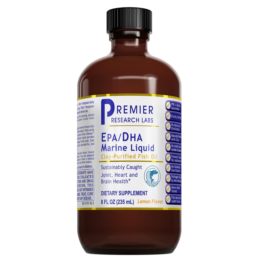 Premier Laboratoires de recherche EPA/DHA Liquide marin - Omega 3 Huile de poisson liquide, Omega 3 Huile de poisson liquide supplément pour adultes, articulations, coeur et soutien de la santé du cerveau - 8 Fl Oz bouteille