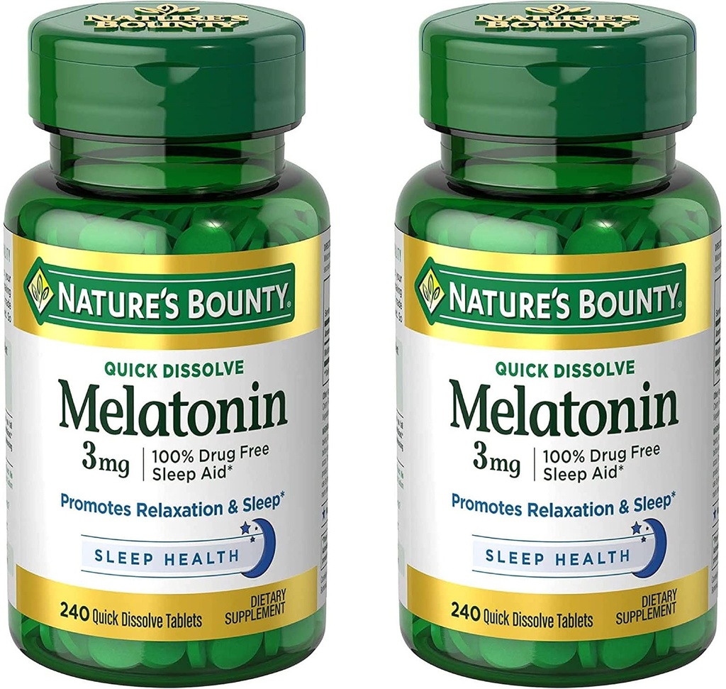 Nature's Bounty Melatonine 3mg, 100% Drug Gratis Slaapmiddelen voor volwassenen, Ondersteunt Ontspanning en Slaap, Dieetsupplement, 240 Telling (Pack of 2)