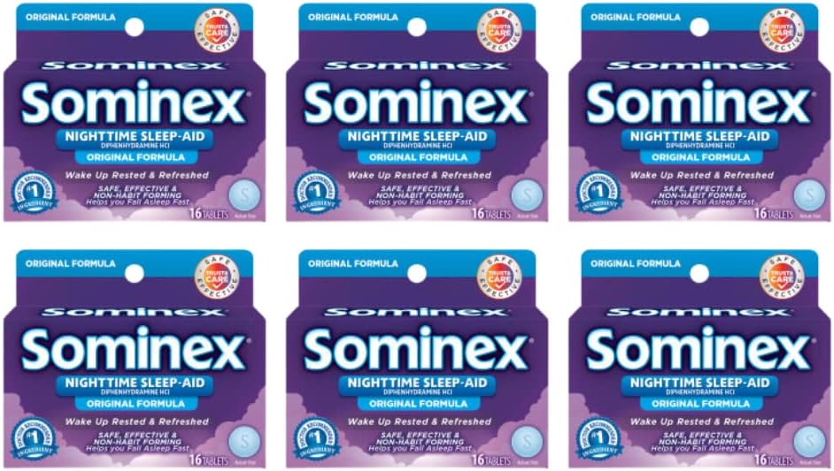 Sominex Nighttime Sleep-Aid met Difenhydramine HCl 25 mg, originele formule, 16 tabletten, (verpakking van 6)