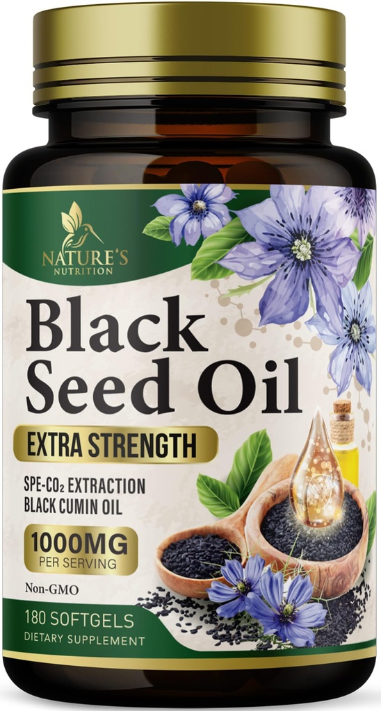 Huile de graines noires Softgels 1000mg - Premium Nigella Sativa Blackseed, Pure Natural Black Cumin Seed Oil & Antioxydant pour la peau et l'immunité Support - Non OGM, mis en bouteille aux États-Unis Supplément - 180 Softgels