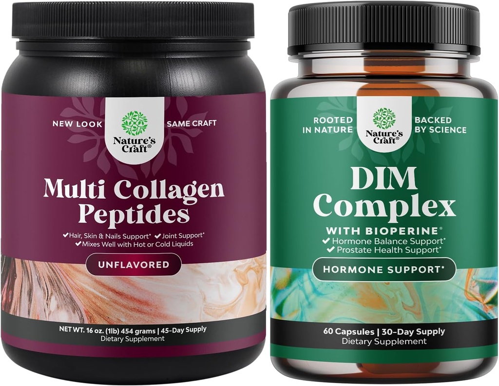 Natures Craft Bundle of Multi Collagen Protein Powder for Women and Men - Peau de cheveux et ongles Vitamines et DIM Complexe Homme et femmes Hormone Balance Supplément
