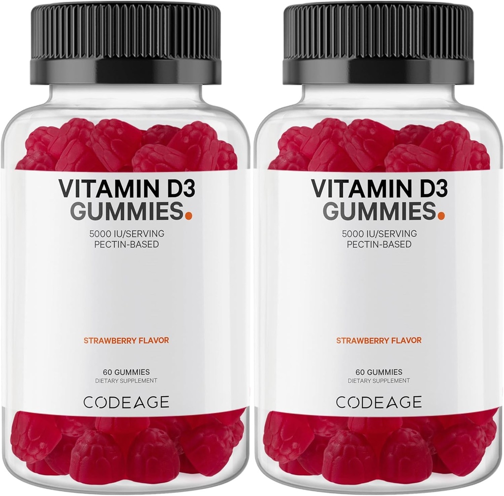 Codeage Vitamine D3 Gummy Vitaminen, Vitamine D3 5000 IE Gummies Cholecalciferol 125 mcg, Zachte pectine-based, Dier Gelatine-vrije Gummy, Gummies Vitaminen, Smakelijke Aardbei, Niet-GMO - 2-pack