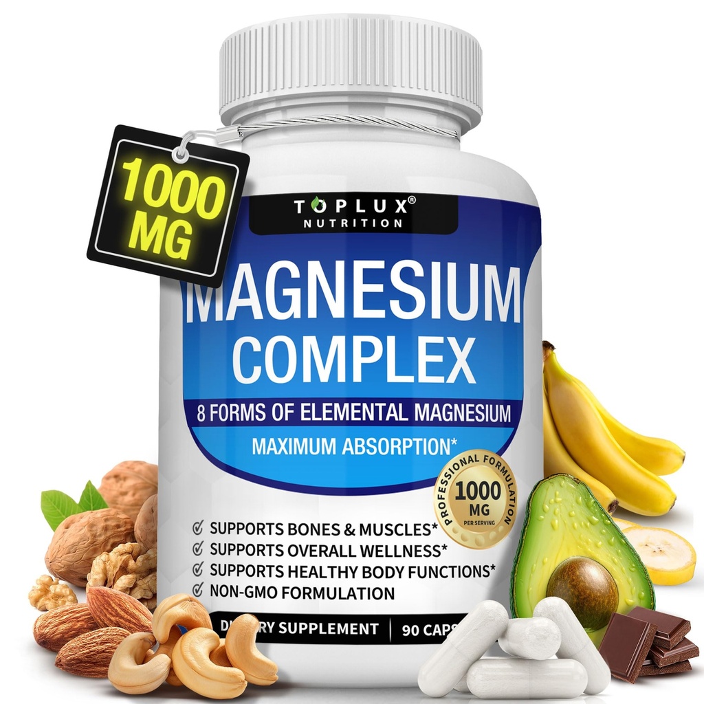 Supplément complexe de magnésium 8 Elemental 1000mg - Glycinat de magnésium, Citrate, Malate, Taurate, Chélaté pour l'absorption facile des os, Muscle, Récupération, Énergie, Vegan Non-OGM 90 Capsules