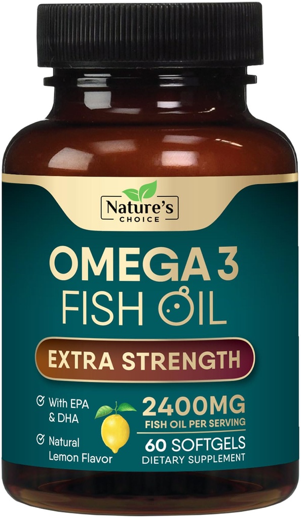 Omega 3 Fish Oil Supplement 2400 mg - Triple Strength EPA & DHA Fish Oil Omega 3, Essentiële vetzuren supplement Softgels, Hersenen & Heart Health Support Supplements, Glutenvrij Non-GMO, 60 Softgels